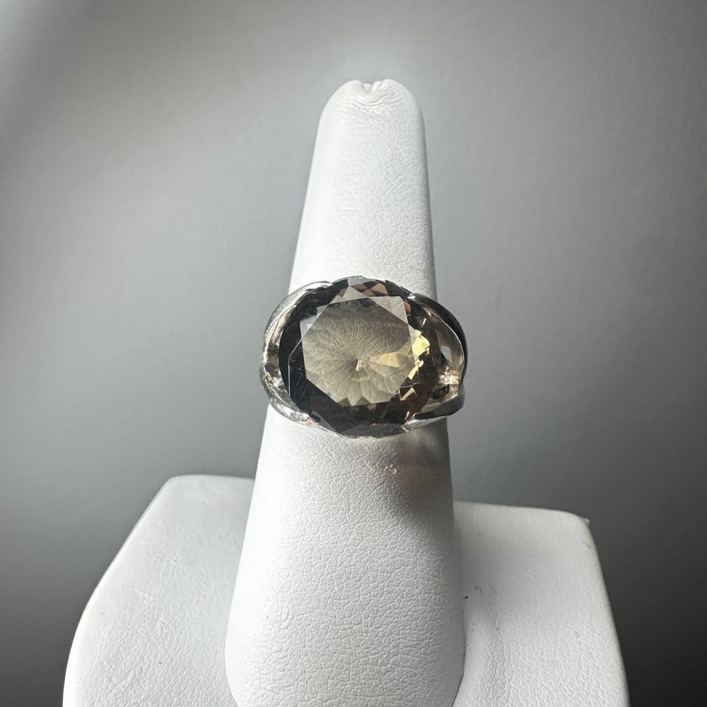 Stunning round cut smokey quartz solitaire ring in solid sterling silver!